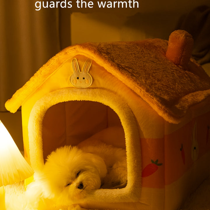 Cozy Yellow Rabbit-Themed Pet House - Modern Polyester Cat & Dog Bed with Sofa, Easy Assembly