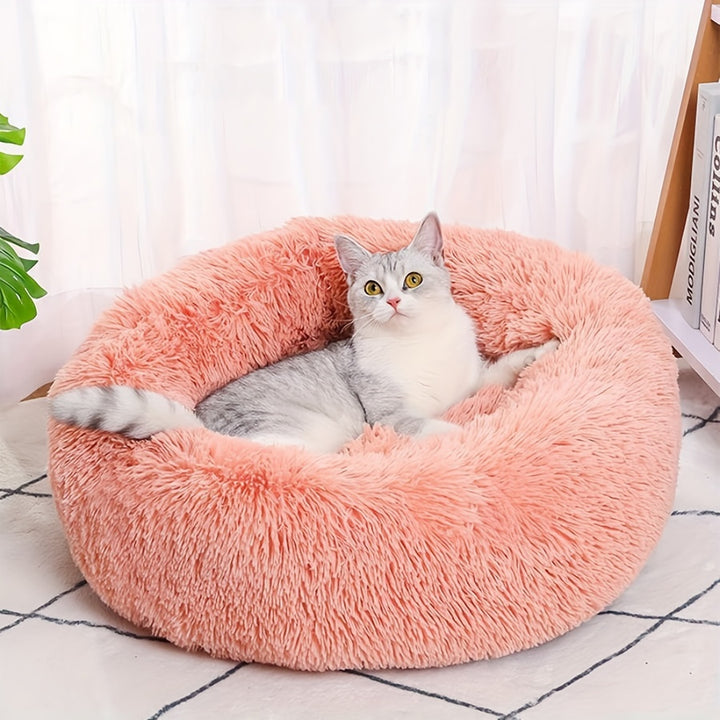 1pc Cozy Plush Cat Bed with Non-Slip Bottom - Deep Sleep Round Nest for Cats & Small Dogs, Warm Fill, Striped Design