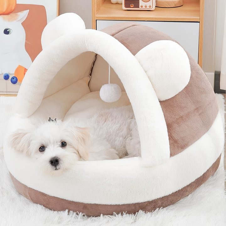 Little Bear Pet Nest - Cozy & Warm Plush Dog and Cat Bed, Soft PP Material, Cute Design with Hanging Toy, Non-Assemblable, Gray & White Color Scheme, Pet Snuggle Bed | Comfortable Pet Bed | Fluffy Pet Bed, Small Dog Bed