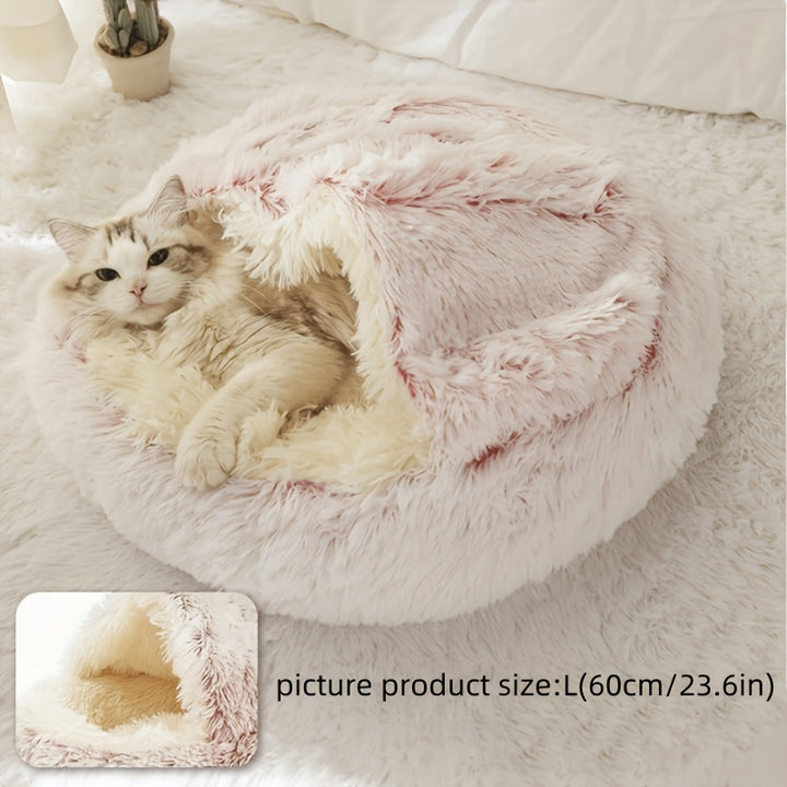 Round Hooded Pet Bed, Classic Style, Soft Polyester, Warm Fluffy Donut Cushion for Small Dogs & Cats, Cozy Indoor Pet Lounger