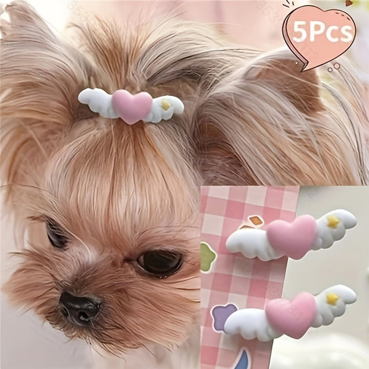 5Pcs Mini Cartoon Wing Heart Hair Clips for Pets - Cute Pink Heart-Shaped Hair Accessories Set for Dogs