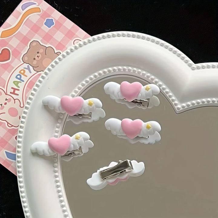 5Pcs Mini Cartoon Wing Heart Hair Clips for Pets - Cute Pink Heart-Shaped Hair Accessories Set for Dogs