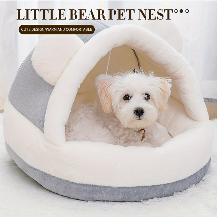 Little Bear Pet Nest - Cozy & Warm Plush Dog and Cat Bed, Soft PP Material, Cute Design with Hanging Toy, Non-Assemblable, Gray & White Color Scheme, Pet Snuggle Bed | Comfortable Pet Bed | Fluffy Pet Bed, Small Dog Bed