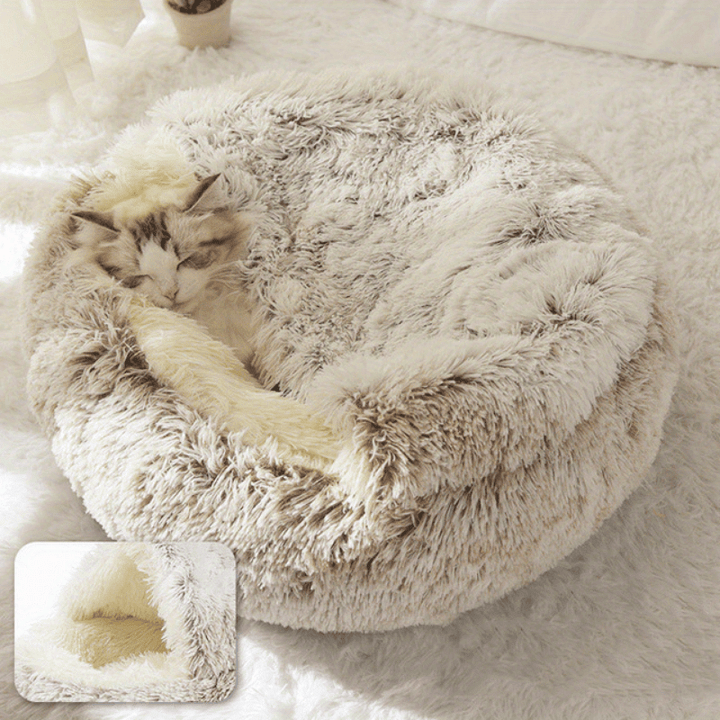 Round Hooded Pet Bed, Classic Style, Soft Polyester, Warm Fluffy Donut Cushion for Small Dogs & Cats, Cozy Indoor Pet Lounger