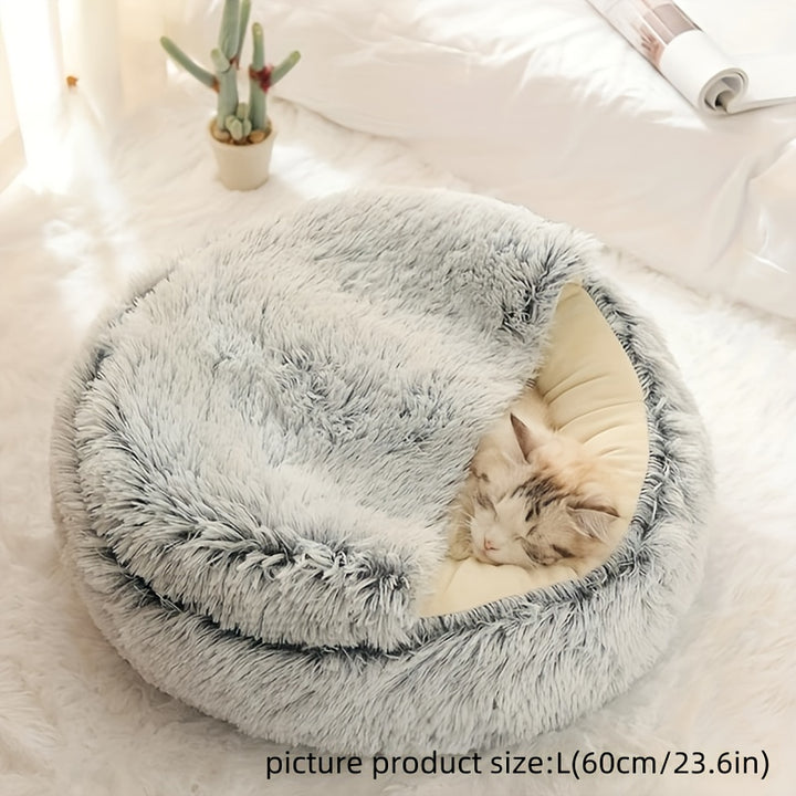 Round Hooded Pet Bed, Classic Style, Soft Polyester, Warm Fluffy Donut Cushion for Small Dogs & Cats, Cozy Indoor Pet Lounger