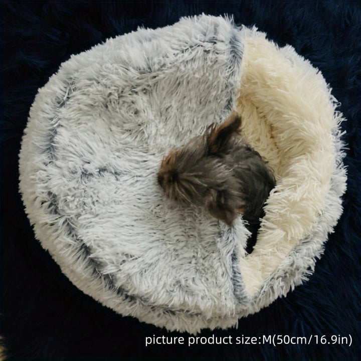 Round Hooded Pet Bed, Classic Style, Soft Polyester, Warm Fluffy Donut Cushion for Small Dogs & Cats, Cozy Indoor Pet Lounger