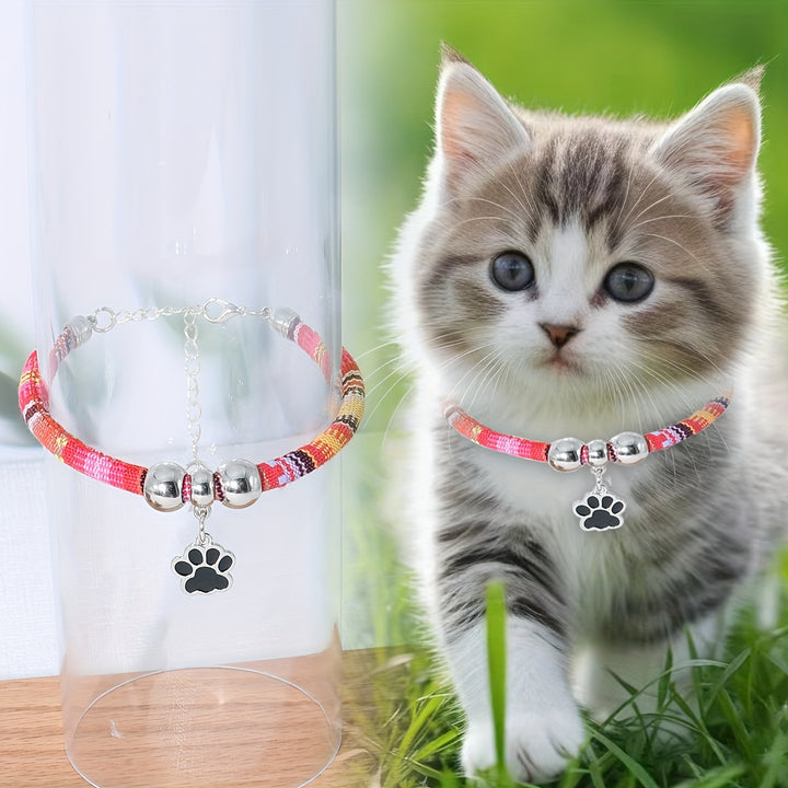 Nylon Pet Necklace with Colorful Paw Print Pendant - Adjustable Cat and Small Dog Collar with Ethnic Design - Durable and Stylish Pet Accessory