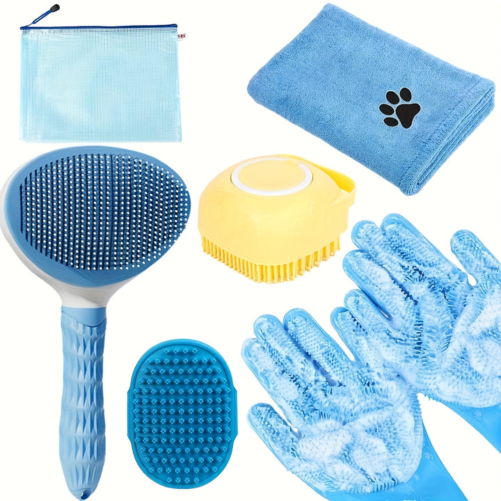 6pcs Pet Grooming Set for Dogs, Soft Bristle Brush, Massage Brush, Cleaning Gloves, Towel, and Storage Bag, Plastic Grooming Tools, with Uncharged for Pet Care Kit