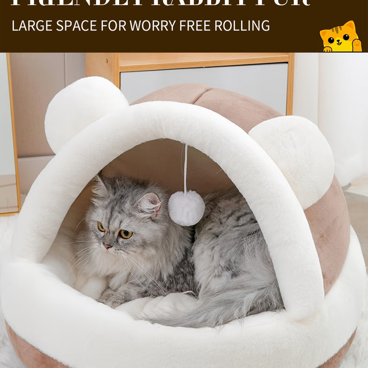 Little Bear Pet Nest - Cozy & Warm Plush Dog and Cat Bed, Soft PP Material, Cute Design with Hanging Toy, Non-Assemblable, Gray & White Color Scheme, Pet Snuggle Bed | Comfortable Pet Bed | Fluffy Pet Bed, Small Dog Bed