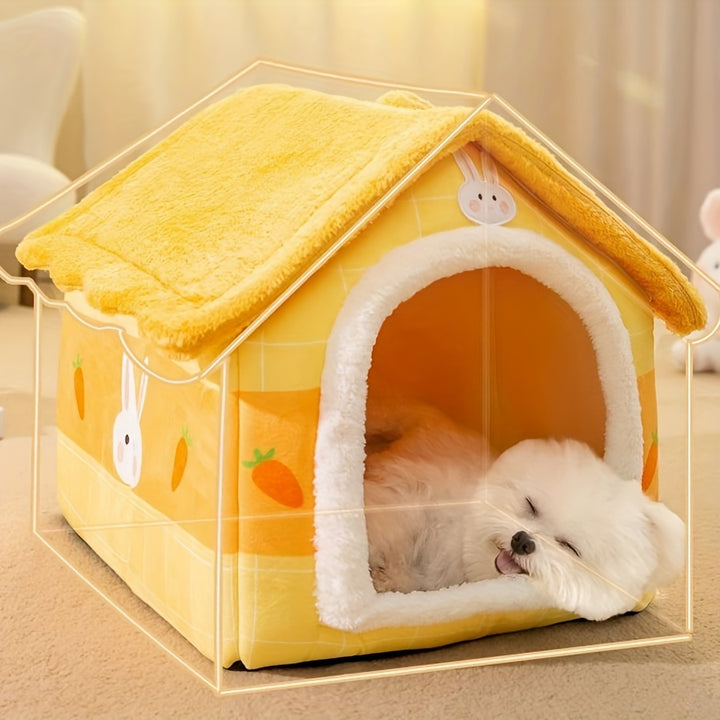 Cozy Yellow Rabbit-Themed Pet House - Modern Polyester Cat & Dog Bed with Sofa, Easy Assembly