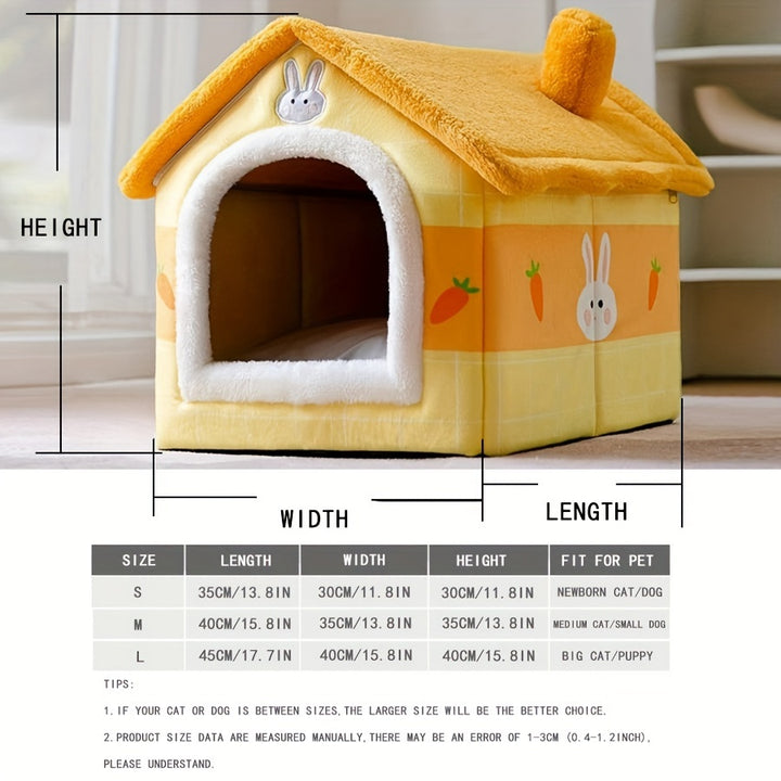 Cozy Yellow Rabbit-Themed Pet House - Modern Polyester Cat & Dog Bed with Sofa, Easy Assembly