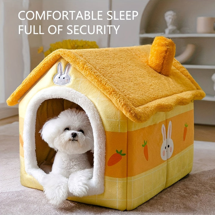 Cozy Yellow Rabbit-Themed Pet House - Modern Polyester Cat & Dog Bed with Sofa, Easy Assembly