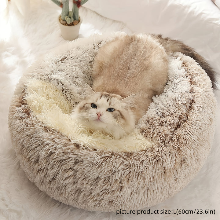 Round Hooded Pet Bed, Classic Style, Soft Polyester, Warm Fluffy Donut Cushion for Small Dogs & Cats, Cozy Indoor Pet Lounger