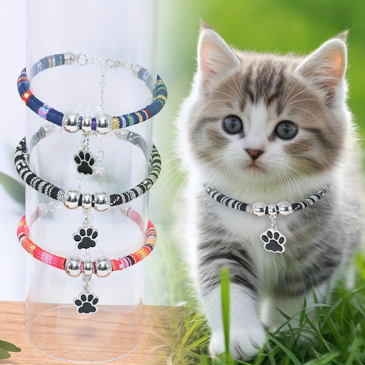 Nylon Pet Necklace with Colorful Paw Print Pendant - Adjustable Cat and Small Dog Collar with Ethnic Design - Durable and Stylish Pet Accessory