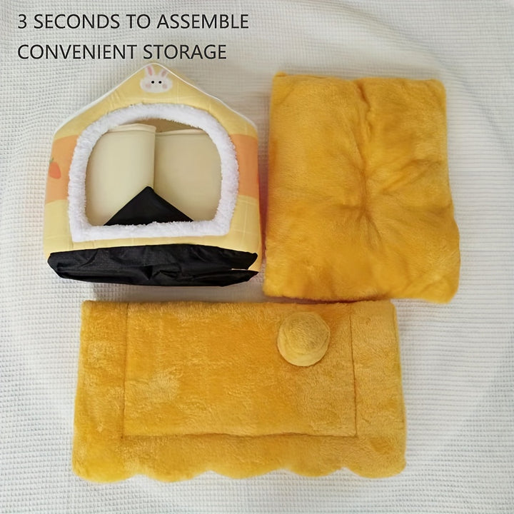 Cozy Yellow Rabbit-Themed Pet House - Modern Polyester Cat & Dog Bed with Sofa, Easy Assembly