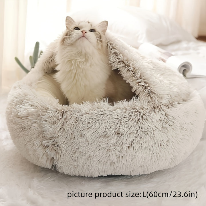 Round Hooded Pet Bed, Classic Style, Soft Polyester, Warm Fluffy Donut Cushion for Small Dogs & Cats, Cozy Indoor Pet Lounger