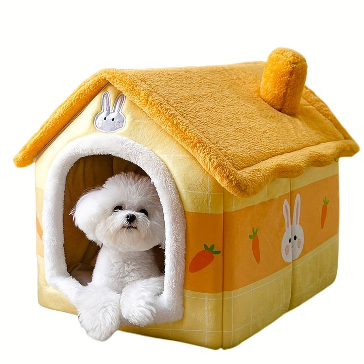 Cozy Yellow Rabbit-Themed Pet House - Modern Polyester Cat & Dog Bed with Sofa, Easy Assembly