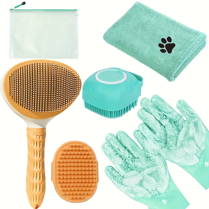 6pcs Pet Grooming Set for Dogs, Soft Bristle Brush, Massage Brush, Cleaning Gloves, Towel, and Storage Bag, Plastic Grooming Tools, with Uncharged for Pet Care Kit