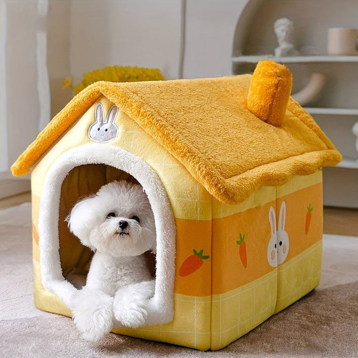 Cozy Yellow Rabbit-Themed Pet House - Modern Polyester Cat & Dog Bed with Sofa, Easy Assembly