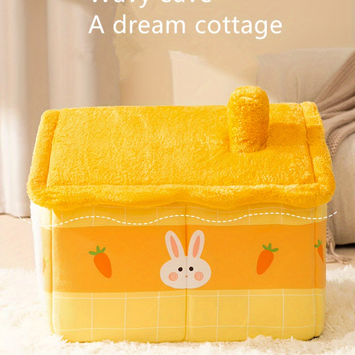 Cozy Yellow Rabbit-Themed Pet House - Modern Polyester Cat & Dog Bed with Sofa, Easy Assembly