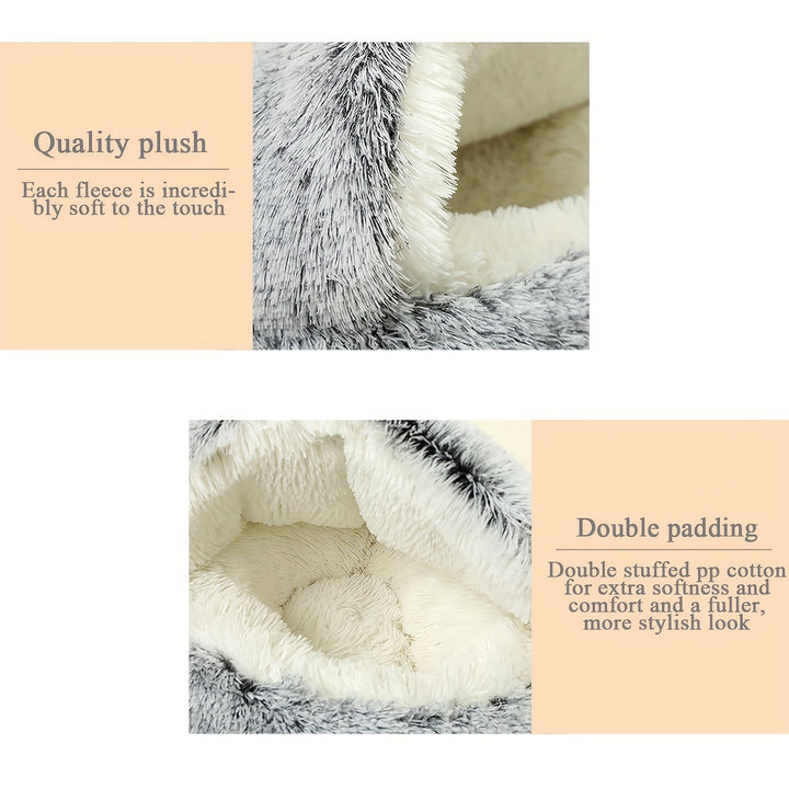 Round Hooded Pet Bed, Classic Style, Soft Polyester, Warm Fluffy Donut Cushion for Small Dogs & Cats, Cozy Indoor Pet Lounger