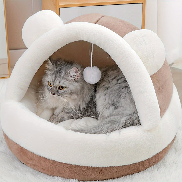 Little Bear Pet Nest - Cozy & Warm Plush Dog and Cat Bed, Soft PP Material, Cute Design with Hanging Toy, Non-Assemblable, Gray & White Color Scheme, Pet Snuggle Bed | Comfortable Pet Bed | Fluffy Pet Bed, Small Dog Bed