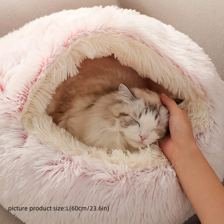 Round Hooded Pet Bed, Classic Style, Soft Polyester, Warm Fluffy Donut Cushion for Small Dogs & Cats, Cozy Indoor Pet Lounger