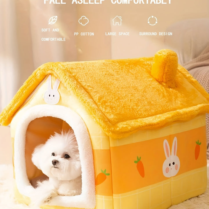 Cozy Yellow Rabbit-Themed Pet House - Modern Polyester Cat & Dog Bed with Sofa, Easy Assembly