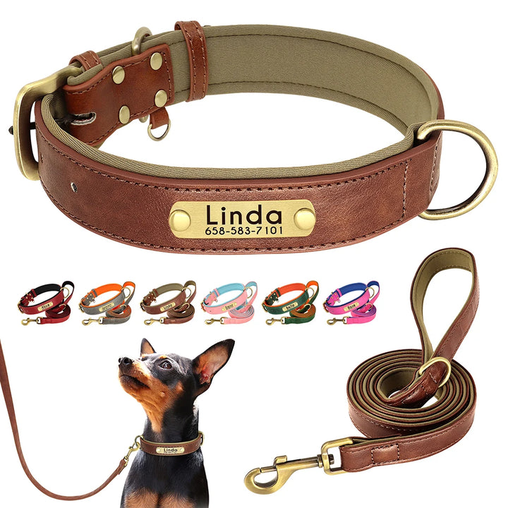 Personalized Leather Dog Leash Set with ID Tag