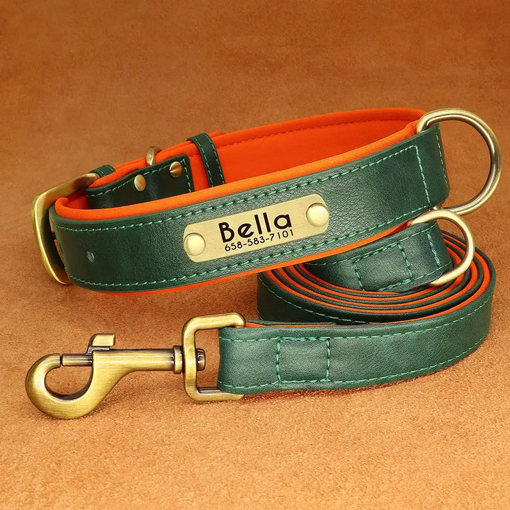 Personalized Leather Dog Leash Set with ID Tag