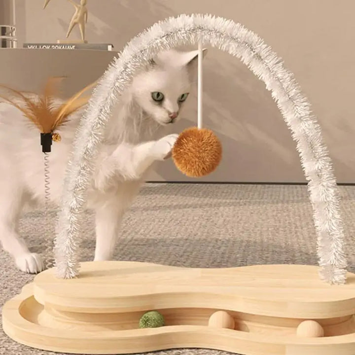 Cat Scratcher Toy Wooden Cat Scratching Toy Arch With Rotating Turntable Pet Engagement Toy Ball Track Cat Scratching Board For