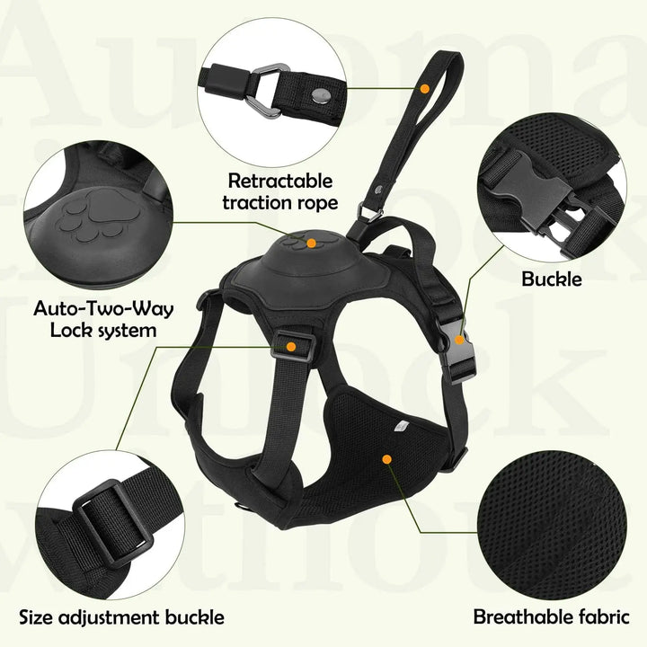 ATUBAN 2-in-1 Dog Harness,No Pull Pet Harness with Self-shrinking Leash,Auto Lock Function to Stop Dog Suddenly Running,Training