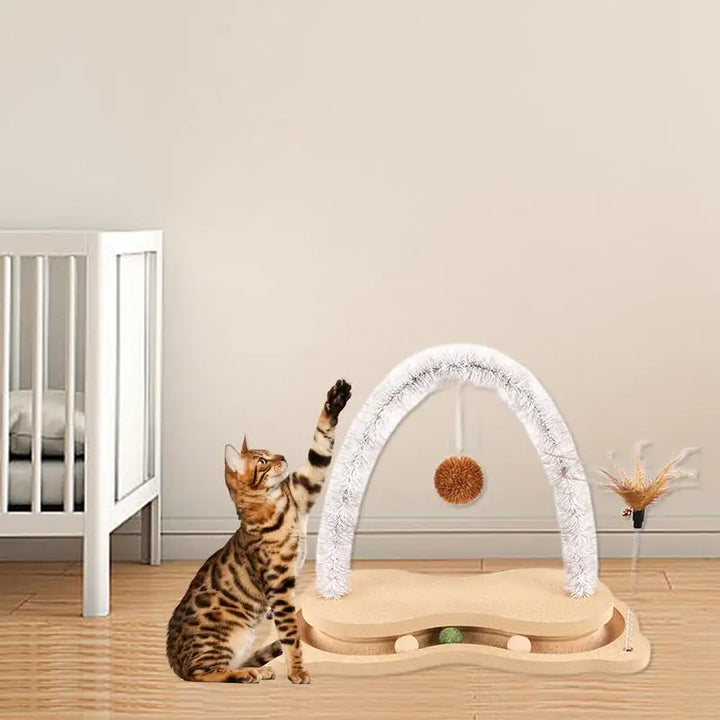 Cat Scratcher Toy Wooden Cat Scratching Toy Arch With Rotating Turntable Pet Engagement Toy Ball Track Cat Scratching Board For