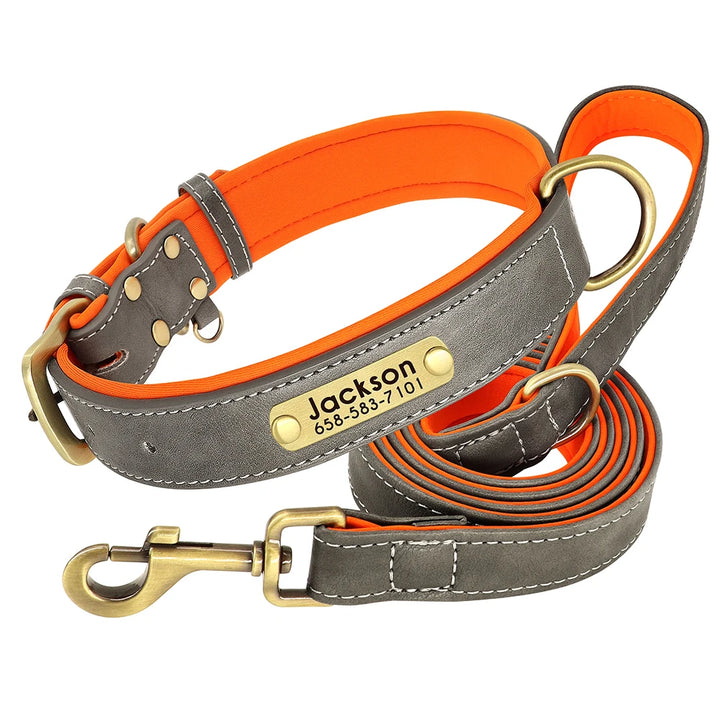 Personalized Leather Dog Leash Set with ID Tag