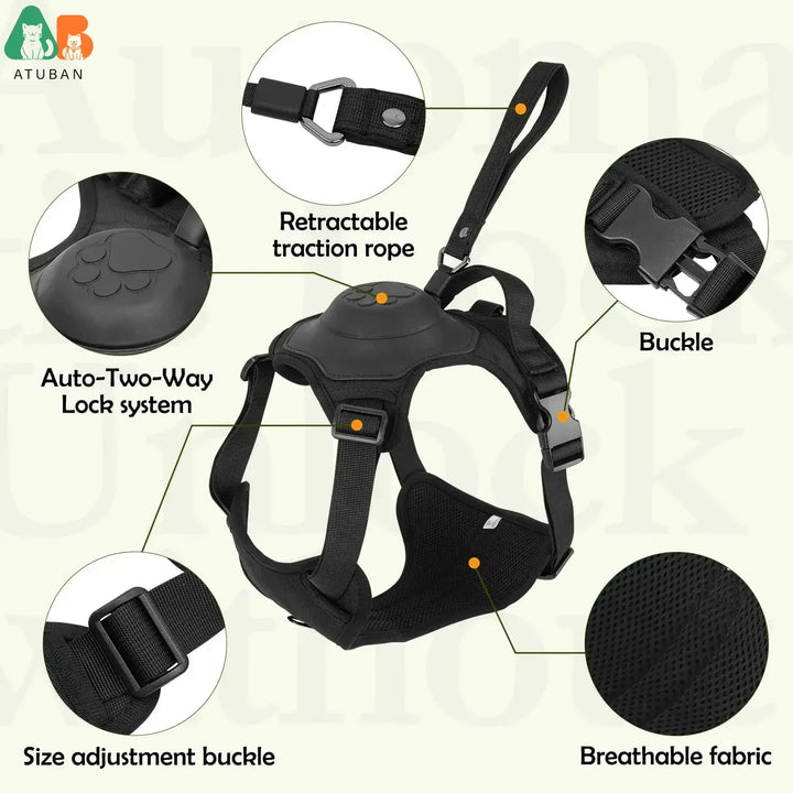 ATUBAN 2-in-1 Dog Harness,No Pull Pet Harness with Self-shrinking Leash,Auto Lock Function to Stop Dog Suddenly Running,Training