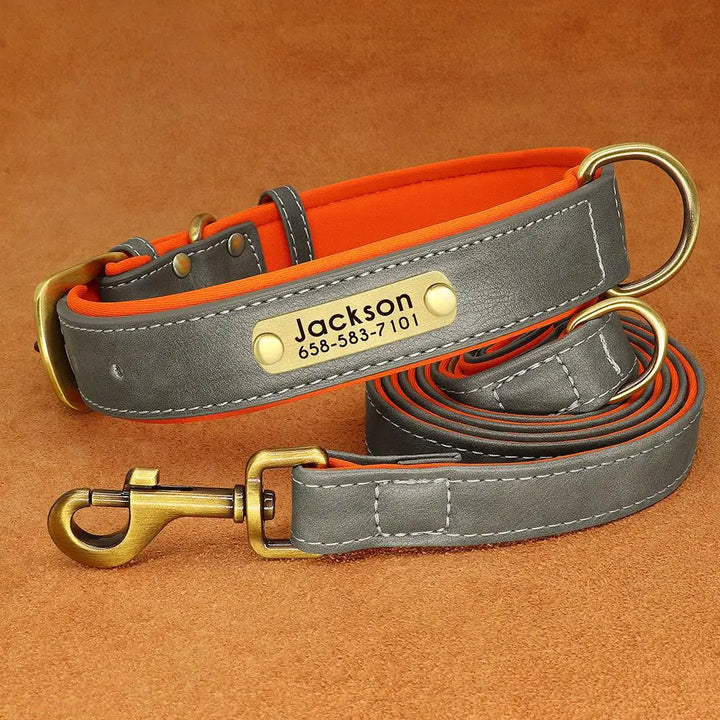 Personalized Leather Dog Leash Set with ID Tag