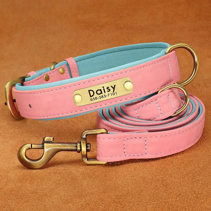 Personalized Leather Dog Leash Set with ID Tag