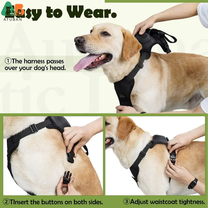 ATUBAN 2-in-1 Dog Harness,No Pull Pet Harness with Self-shrinking Leash,Auto Lock Function to Stop Dog Suddenly Running,Training