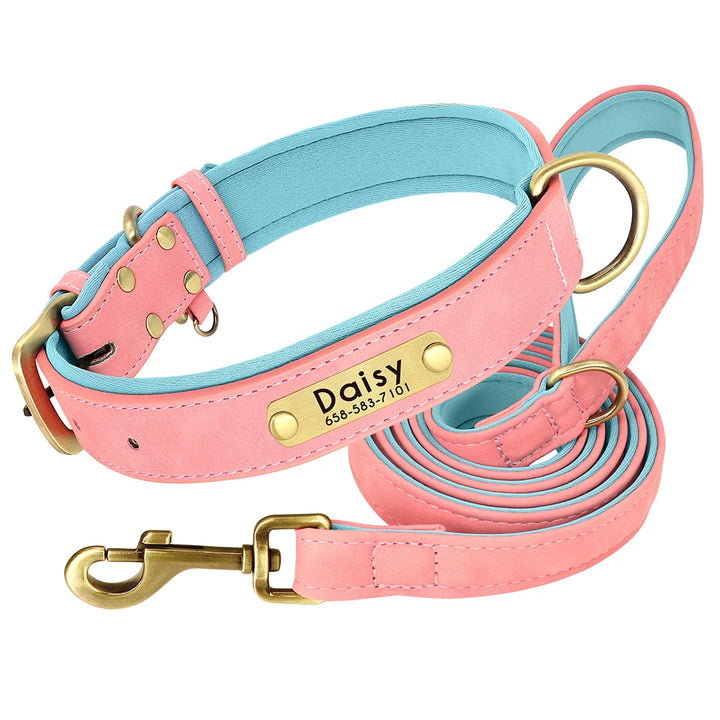 Personalized Leather Dog Leash Set with ID Tag