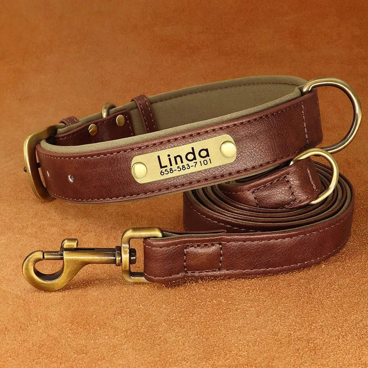 Personalized Leather Dog Leash Set with ID Tag