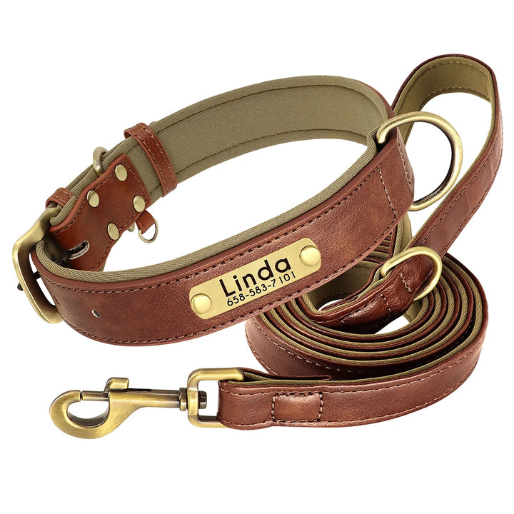 Personalized Leather Dog Leash Set with ID Tag