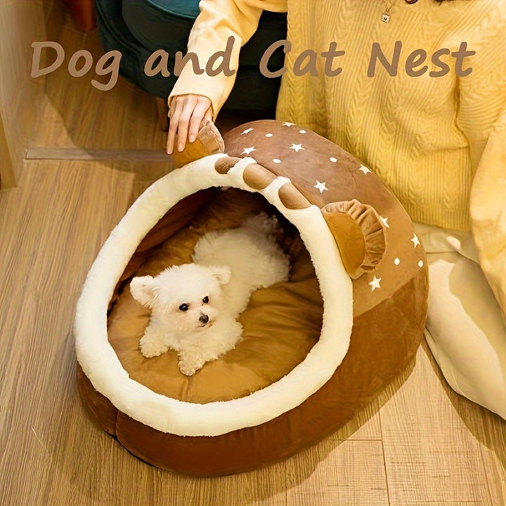 Cozy Christmas Cat Bed - Cartoon Design, Thick PP with Non-Slip Bottom & Mat for Small to Extra-Small Dogs and Cats - Perfect Holiday Gift, Figuremas, Semi-Enclosed Design