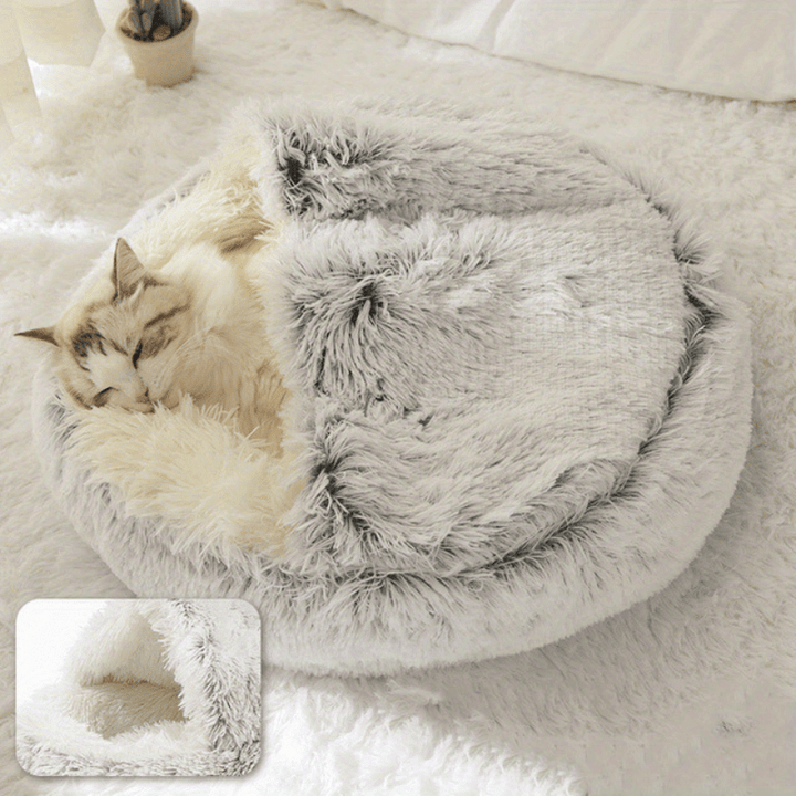 Round Hooded Pet Bed, Classic Style, Soft Polyester, Warm Fluffy Donut Cushion for Small Dogs & Cats, Cozy Indoor Pet Lounger