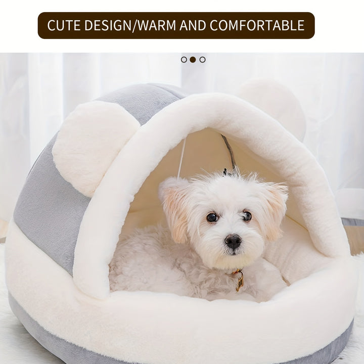 Little Bear Pet Nest - Cozy & Warm Plush Dog and Cat Bed, Soft PP Material, Cute Design with Hanging Toy, Non-Assemblable, Gray & White Color Scheme, Pet Snuggle Bed | Comfortable Pet Bed | Fluffy Pet Bed, Small Dog Bed