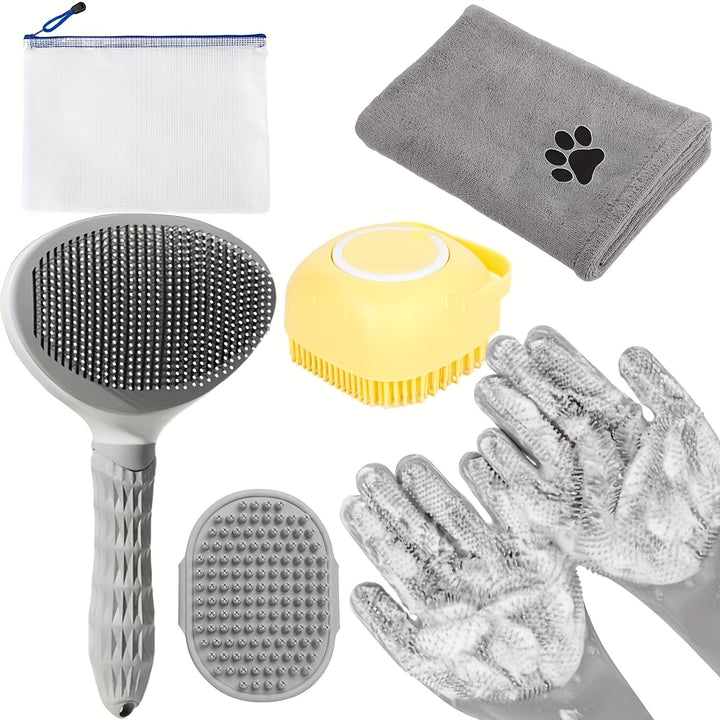 6pcs Pet Grooming Set for Dogs, Soft Bristle Brush, Massage Brush, Cleaning Gloves, Towel, and Storage Bag, Plastic Grooming Tools, with Uncharged for Pet Care Kit