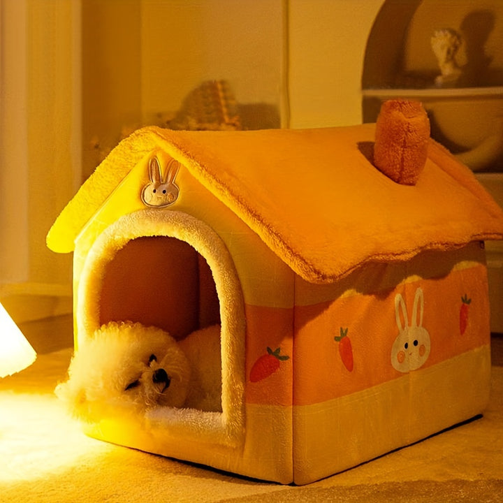 Cozy Yellow Rabbit-Themed Pet House - Modern Polyester Cat & Dog Bed with Sofa, Easy Assembly