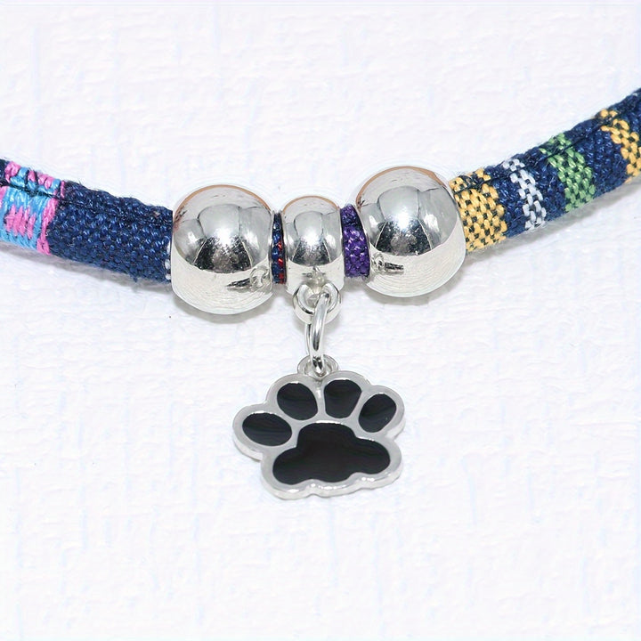 Nylon Pet Necklace with Colorful Paw Print Pendant - Adjustable Cat and Small Dog Collar with Ethnic Design - Durable and Stylish Pet Accessory