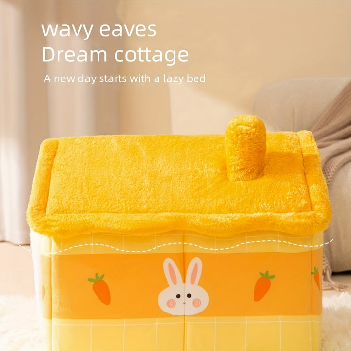 Cozy Yellow Rabbit-Themed Pet House - Modern Polyester Cat & Dog Bed with Sofa, Easy Assembly